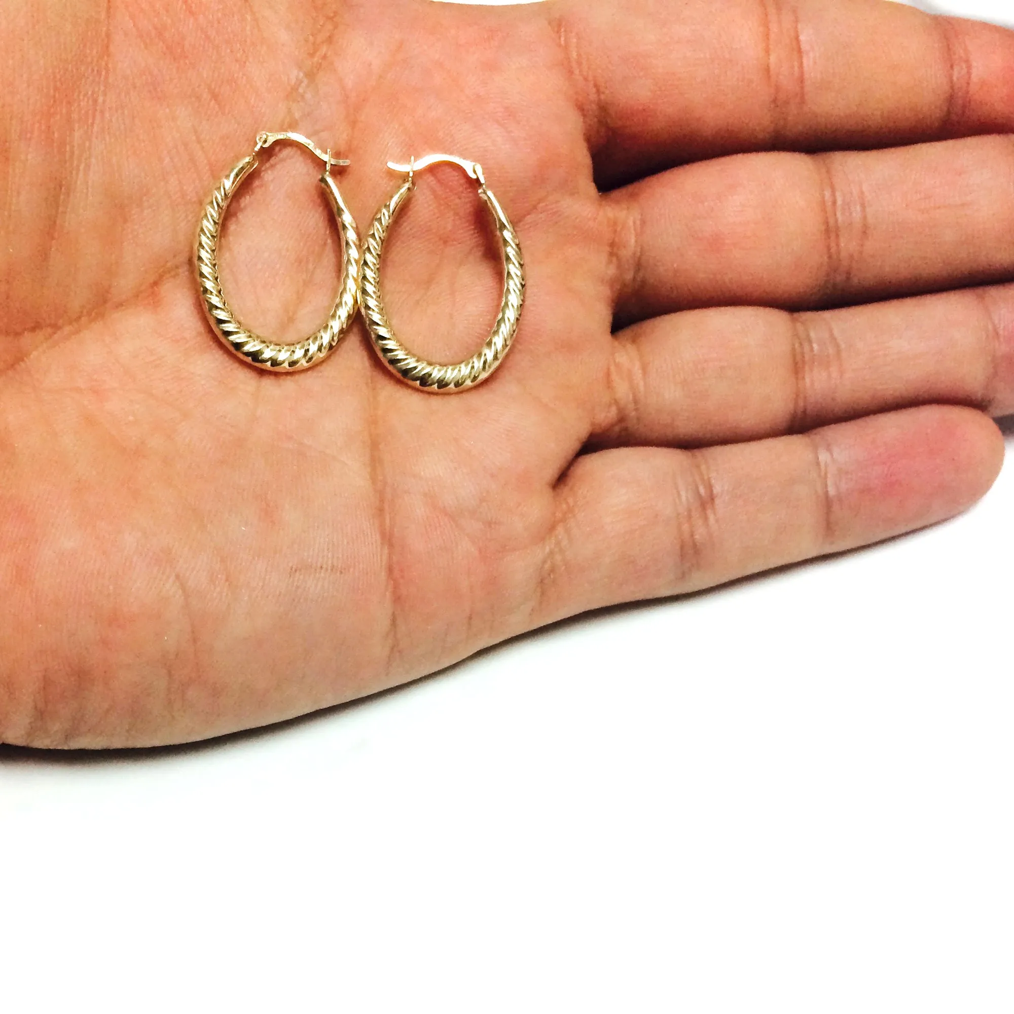 10k Yellow Gold Ridged Oval Shaped Hoop Earrings, Diameter 30mm