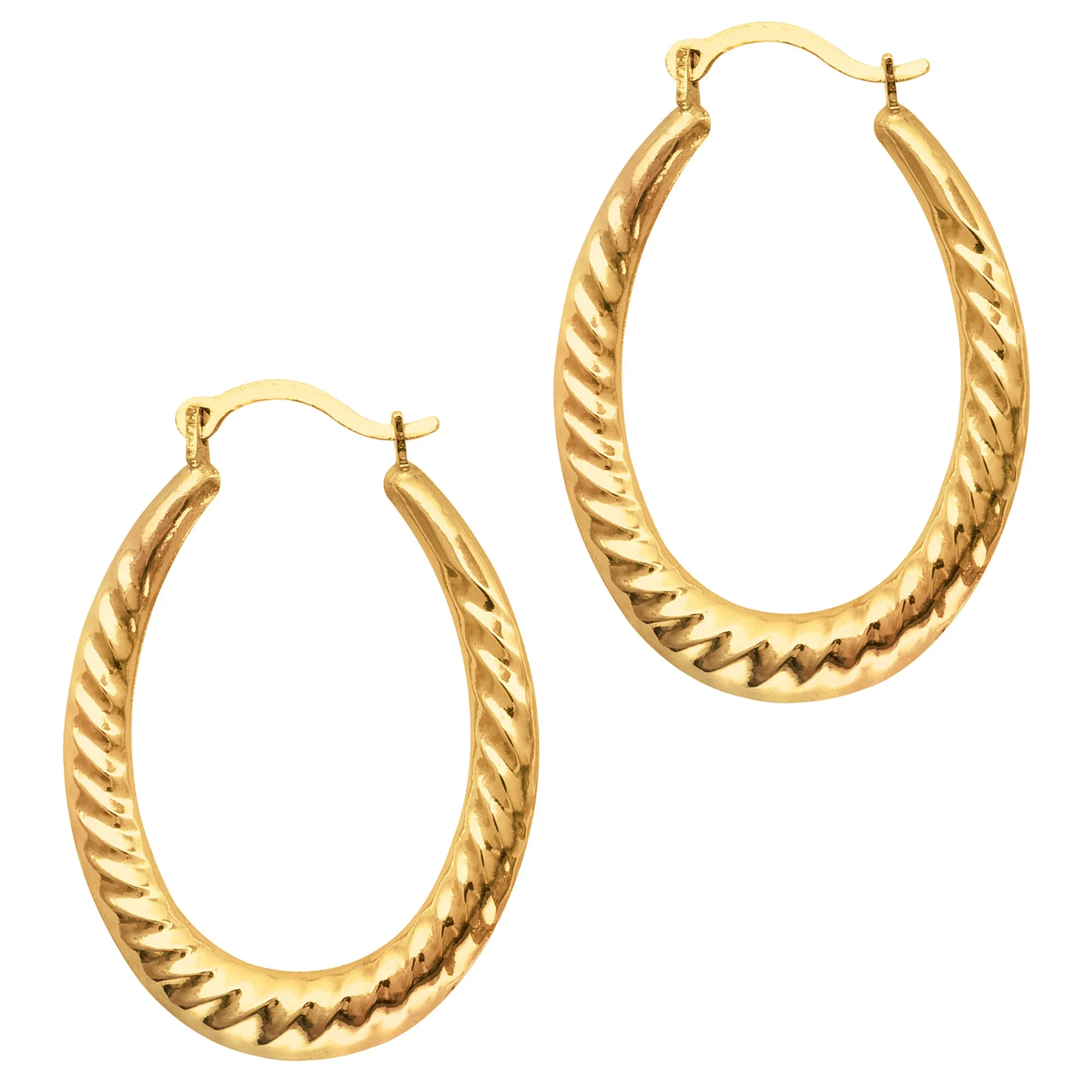 10k Yellow Gold Ridged Oval Shaped Hoop Earrings, Diameter 30mm