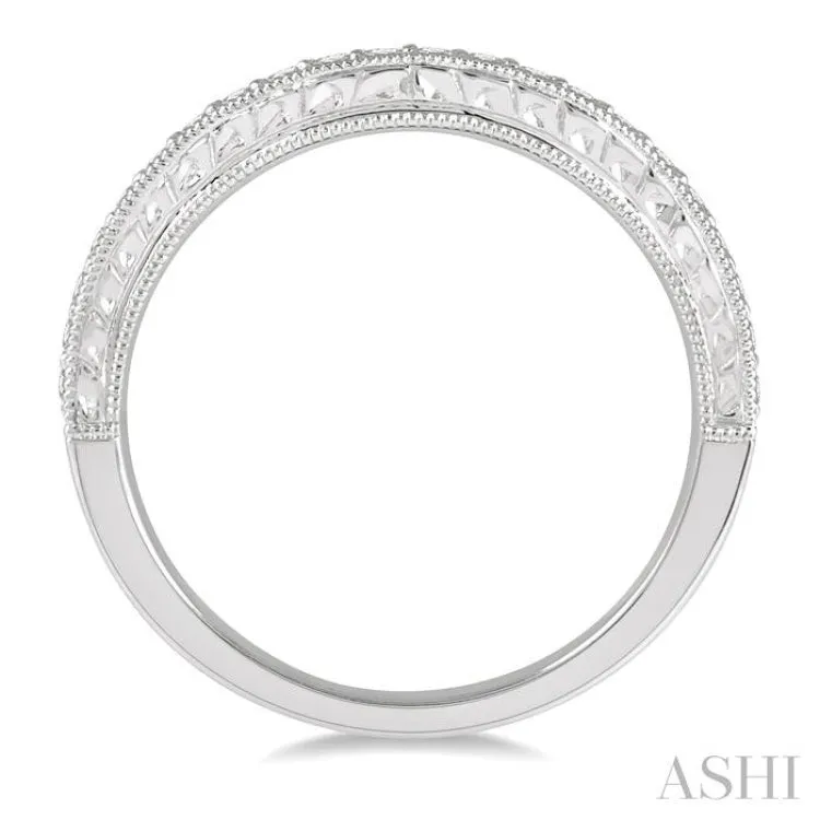 1/4 ctw Carved Sides Milgrain Border Round Cut Diamond Wedding Band in 14K White Gold