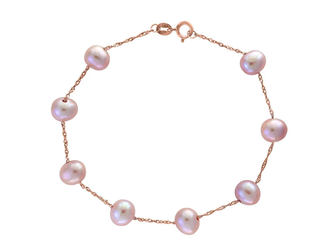 14K Rose Gold 6-6.5mm Natural Pink Freshwater Pearl Station Bracelet