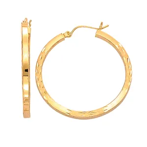 14K Yellow Gold Diamond Cut Square Tube Hoop Earrings, Diameter 35mm