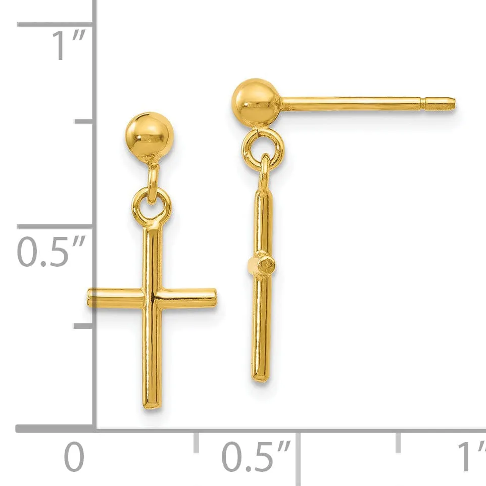 14k Yellow Gold Polish Cross Post Drop Earrings