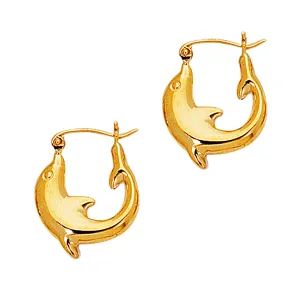 14K Yellow Gold Shiny Small Dolphin Hoop Earrings, Diameter 16mm