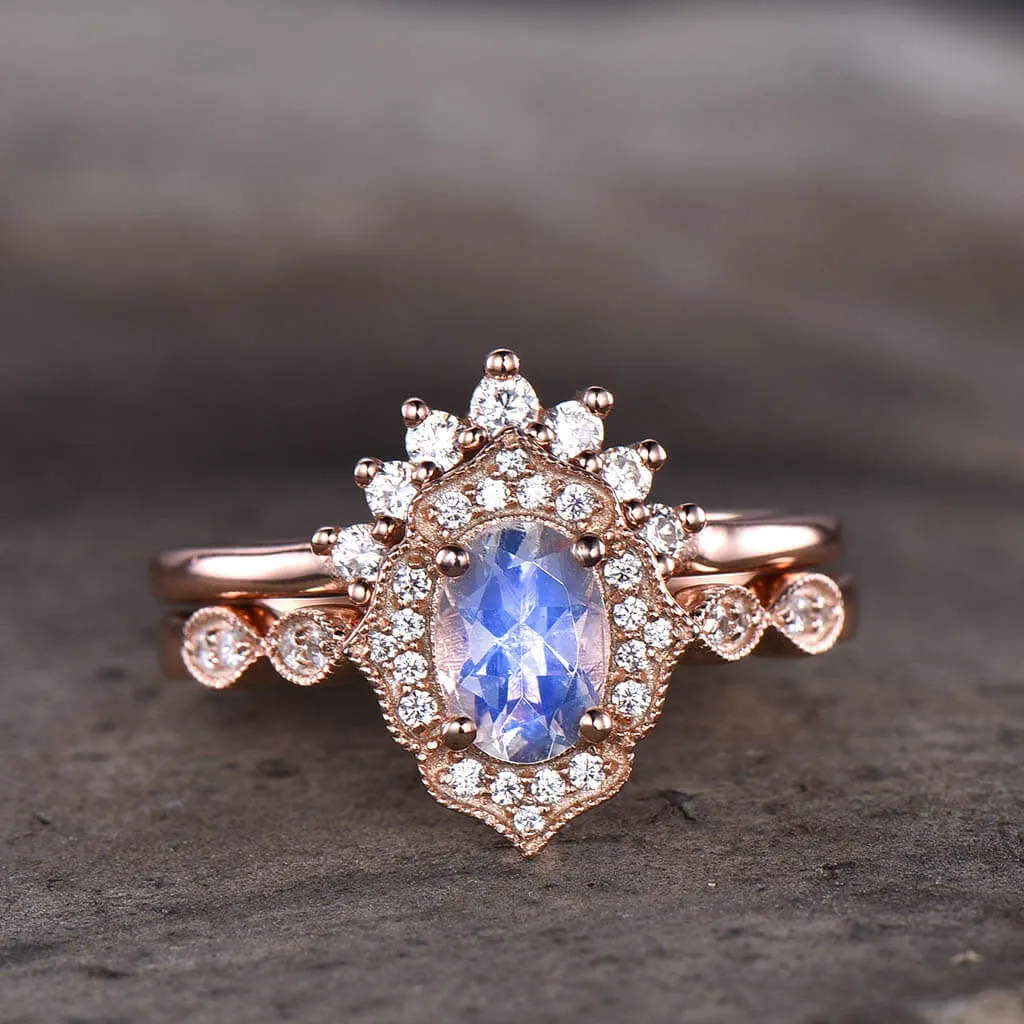 14K/18K Rose Gold Rainbow Vintage Milgrain Moonstone Diamond Bridal Set