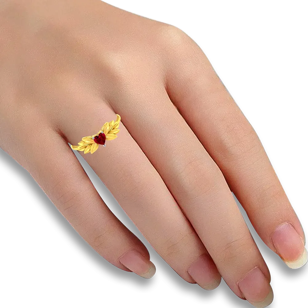 18k Gold Ring With A American Diamond-studded Heart And Leafy Designs