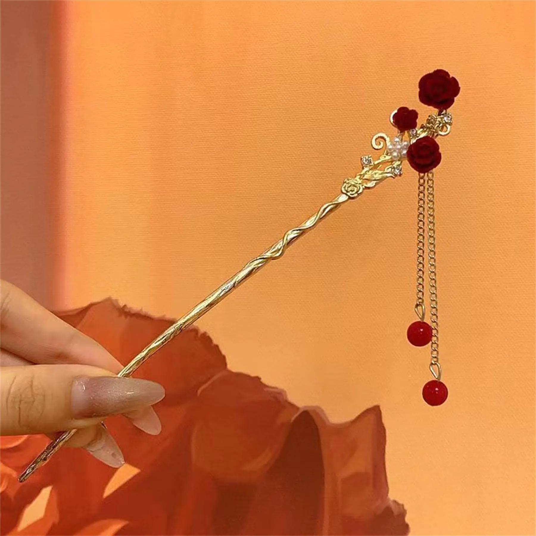 2 Pack Metal Hairpin Hair Stick Rose Flower Hair Chopsticks Handmade Classic Hair Pins for Women Girls-044