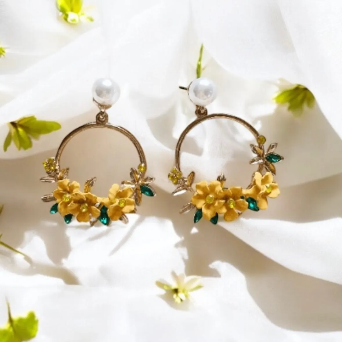 7 colours - Gold flower hoop earrings with pearls | open dangle earrings | spring floral earrings | Flower petal dangly earrings | bridal earrings