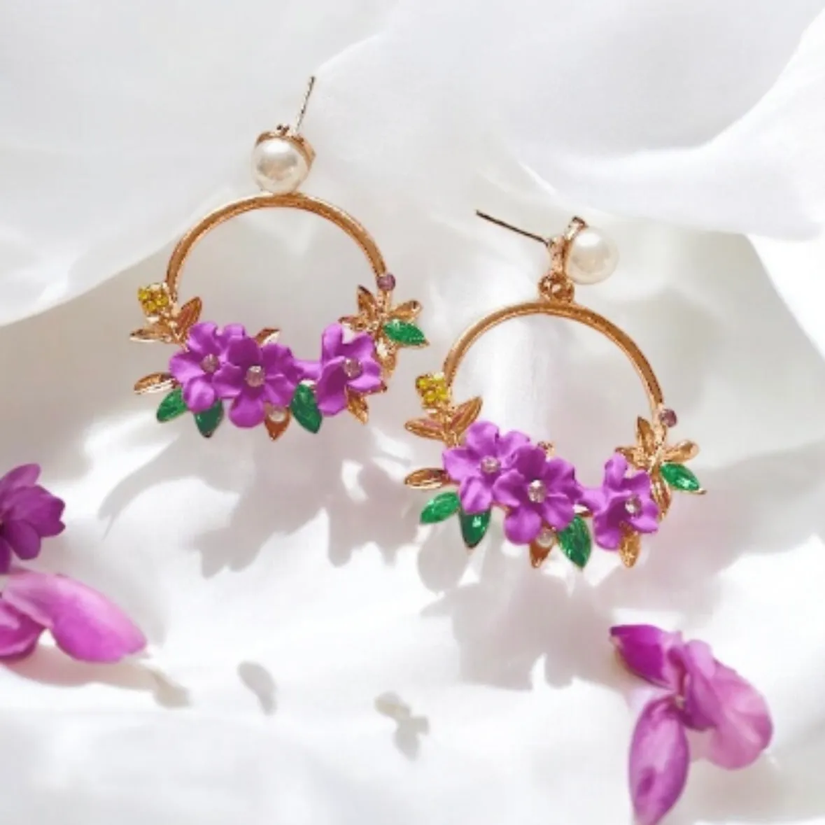 7 colours - Gold flower hoop earrings with pearls | open dangle earrings | spring floral earrings | Flower petal dangly earrings | bridal earrings