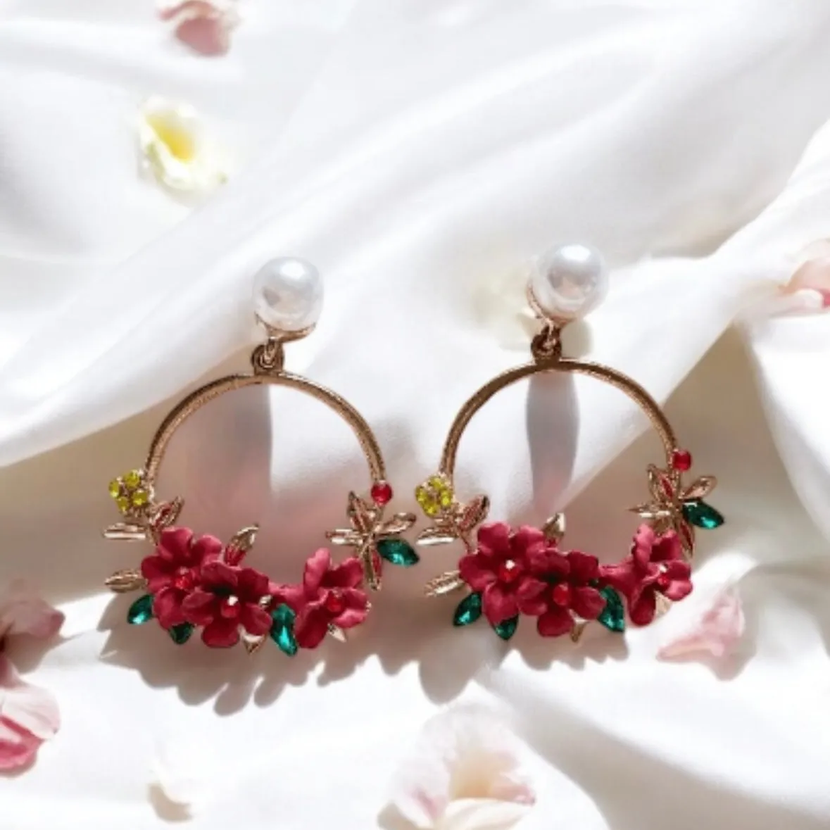 7 colours - Gold flower hoop earrings with pearls | open dangle earrings | spring floral earrings | Flower petal dangly earrings | bridal earrings