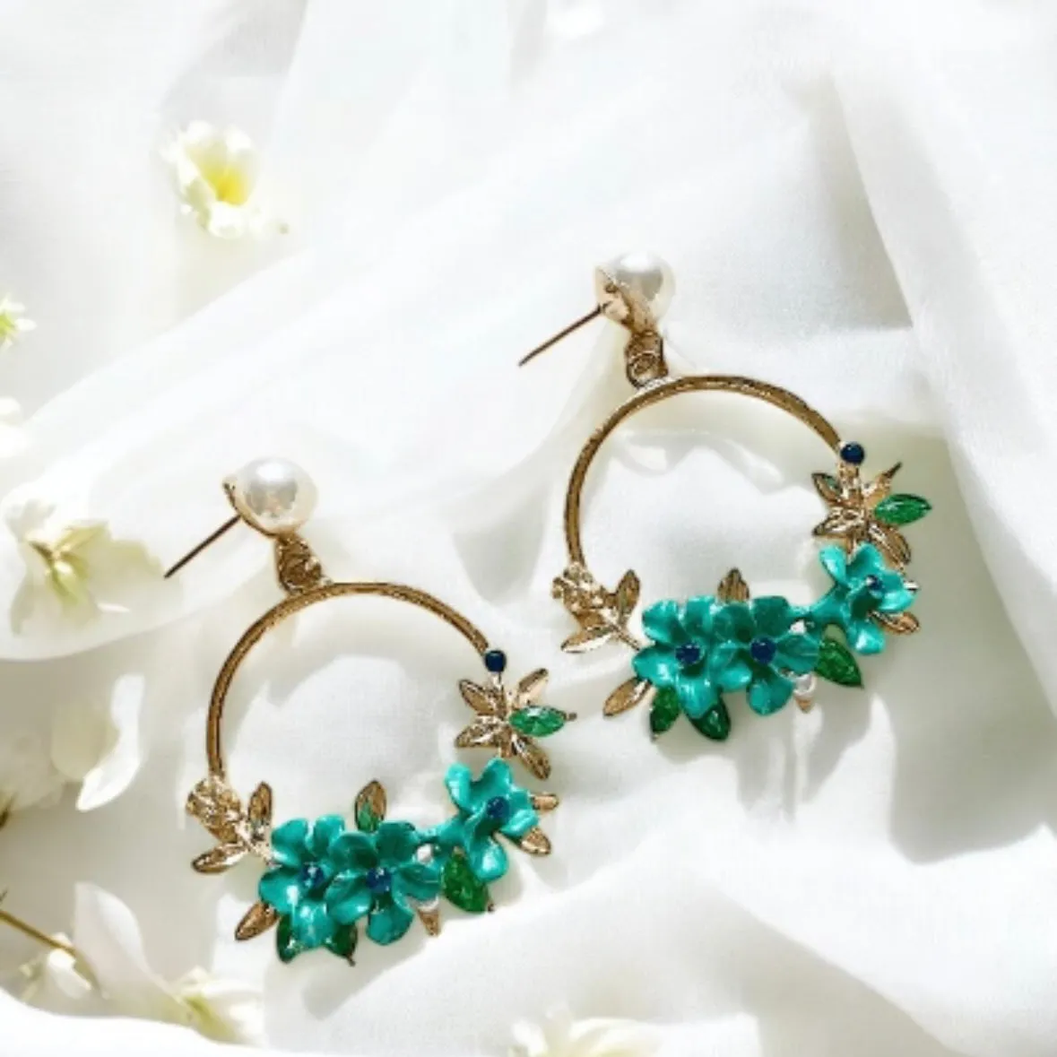 7 colours - Gold flower hoop earrings with pearls | open dangle earrings | spring floral earrings | Flower petal dangly earrings | bridal earrings