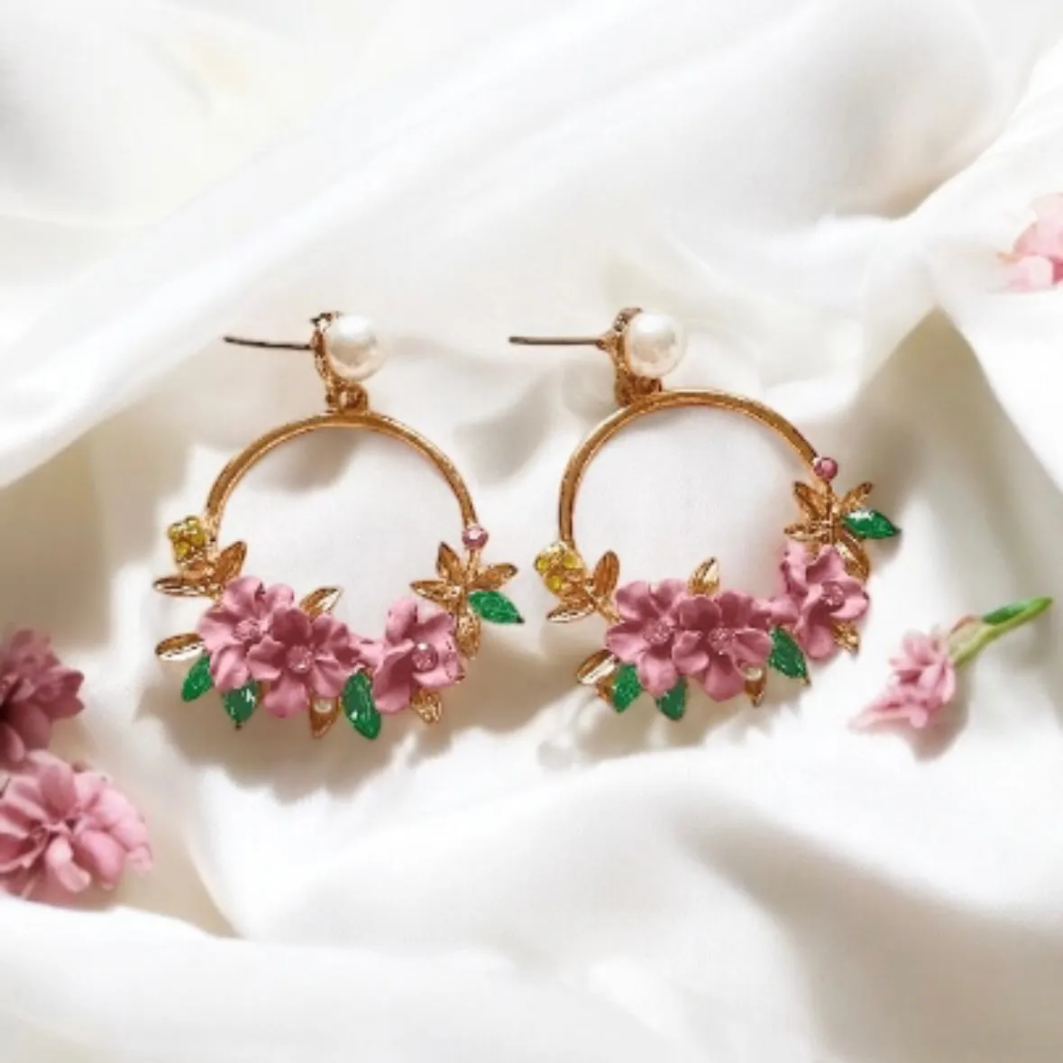 7 colours - Gold flower hoop earrings with pearls | open dangle earrings | spring floral earrings | Flower petal dangly earrings | bridal earrings