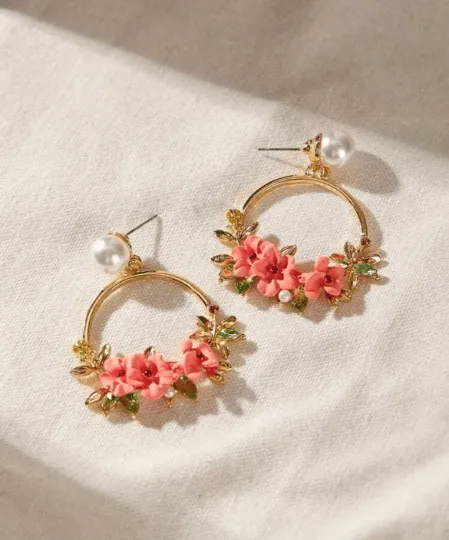 7 colours - Gold flower hoop earrings with pearls | open dangle earrings | spring floral earrings | Flower petal dangly earrings | bridal earrings