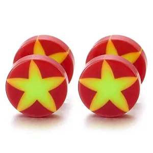 8MM Women Men Red Screw Stud Earrings with Yellow Star, Cheater Fake Ear Plug Gauges Illusion Tunnel