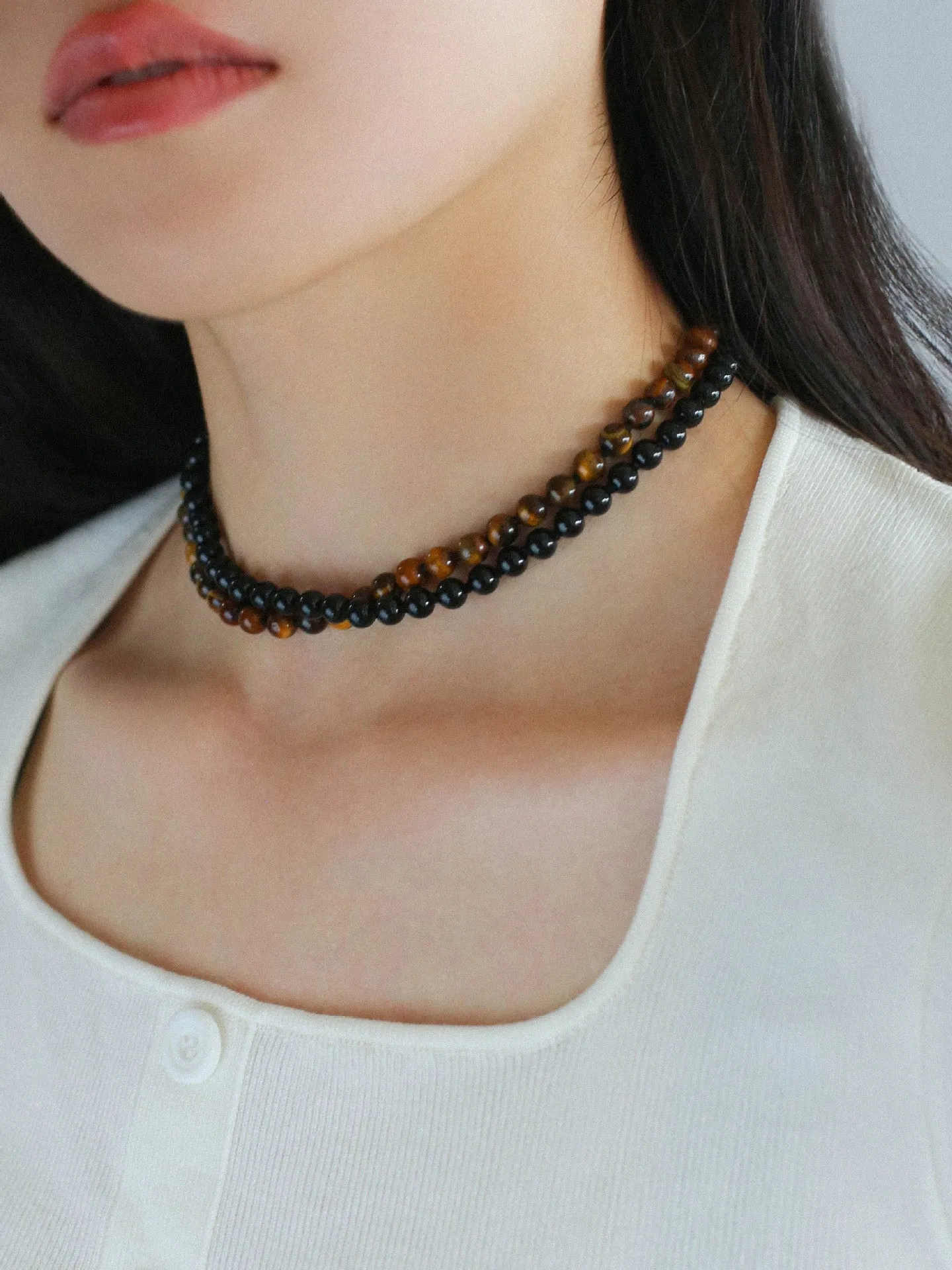 925 Silver Clasp 6mm Black Agate Beaded Choker Necklace