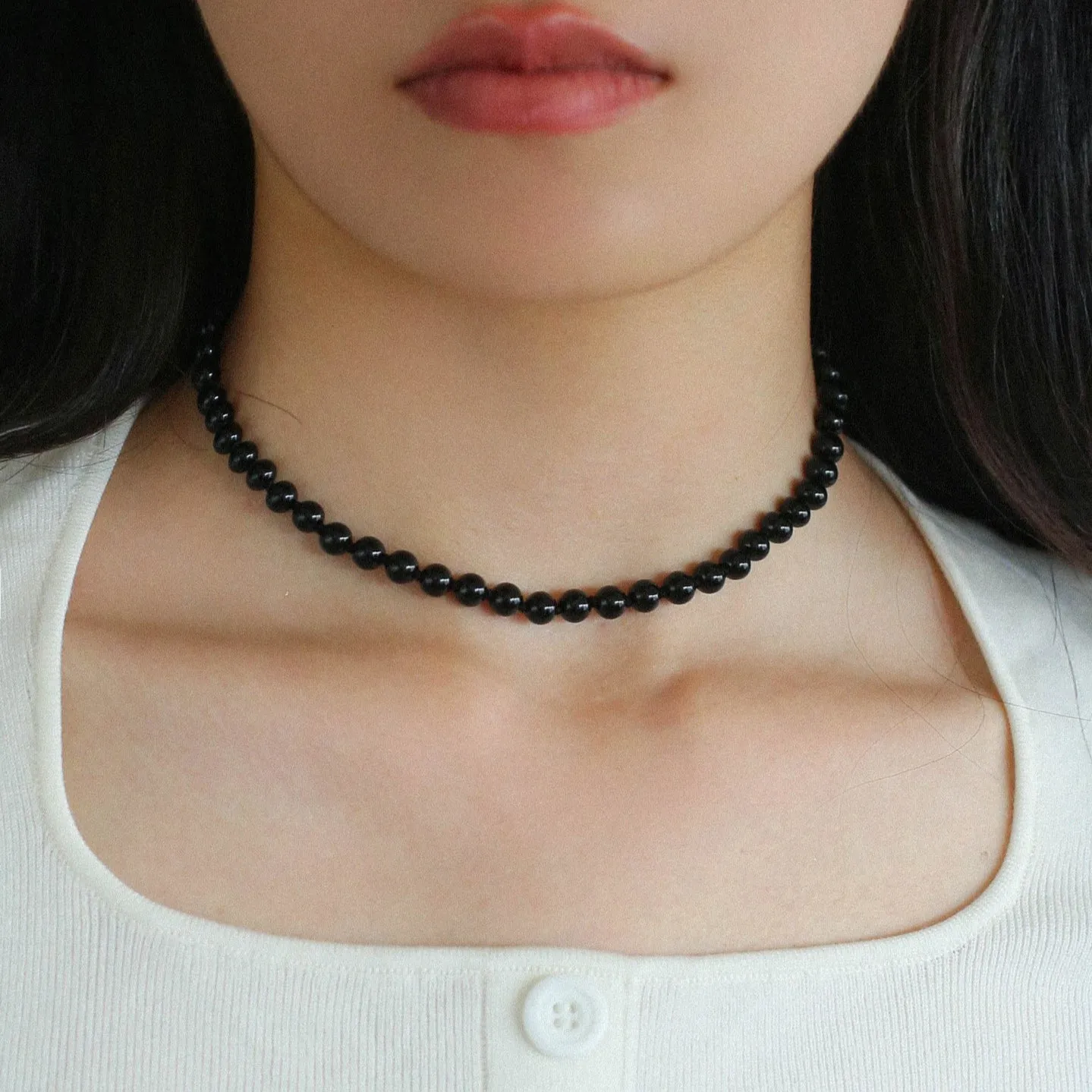 925 Silver Clasp 6mm Black Agate Beaded Choker Necklace