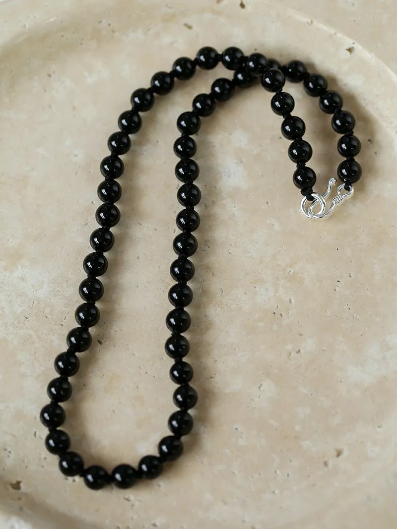 925 Silver Clasp 6mm Black Agate Beaded Choker Necklace