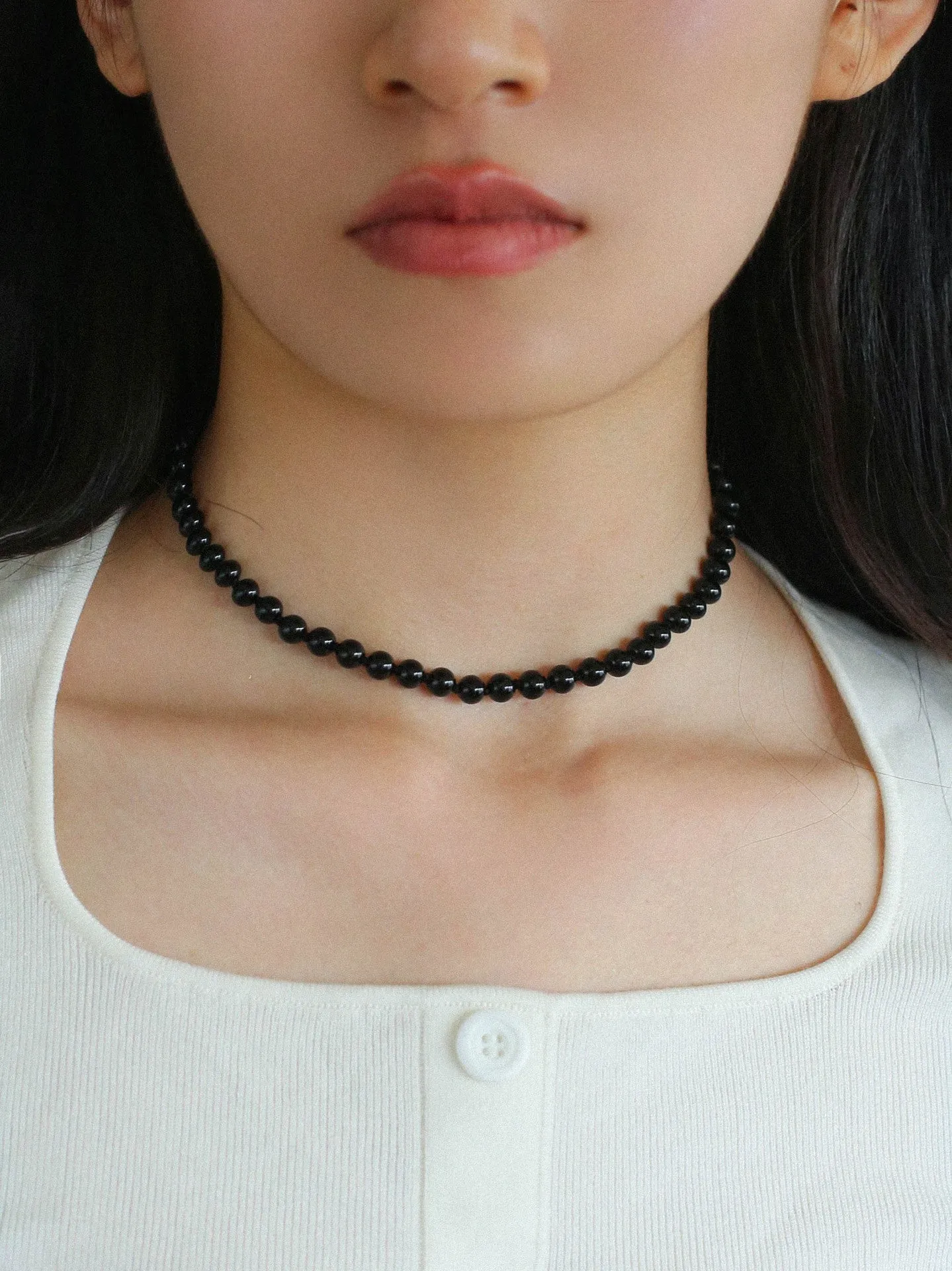 925 Silver Clasp 6mm Black Agate Beaded Choker Necklace