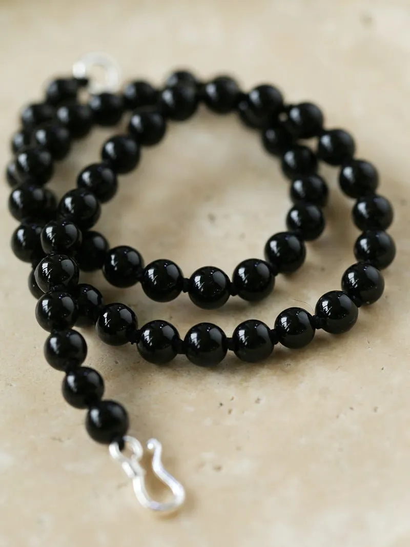 925 Silver Clasp 6mm Black Agate Beaded Choker Necklace