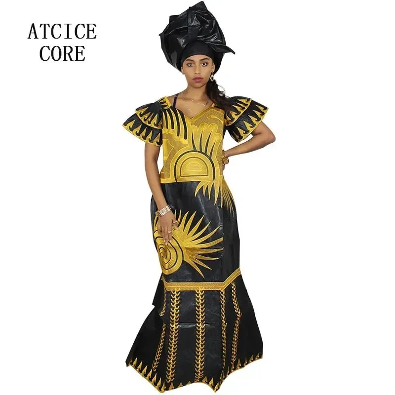 African Dresses for Women – Fashionable Long Dress with Embroidery Design & Matching Scarf