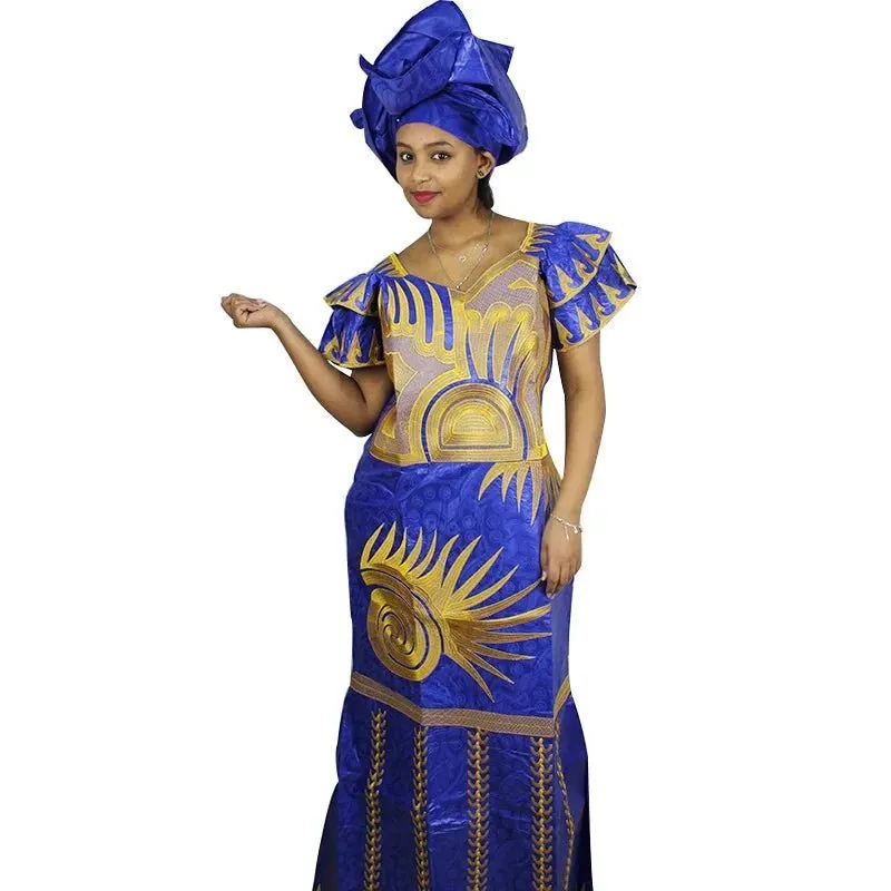 African Dresses for Women – Fashionable Long Dress with Embroidery Design & Matching Scarf