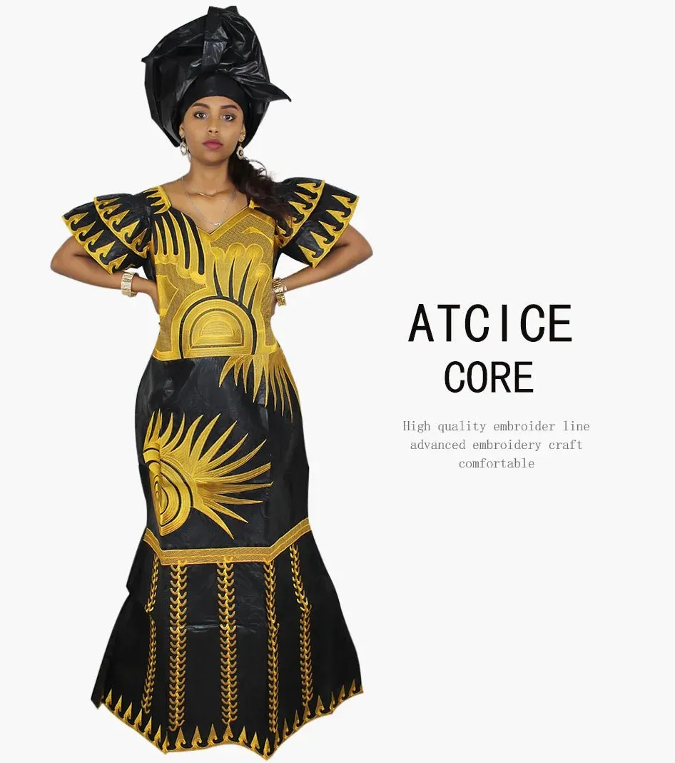 African Dresses for Women – Fashionable Long Dress with Embroidery Design & Matching Scarf