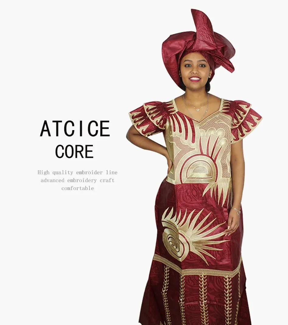 African Dresses for Women – Fashionable Long Dress with Embroidery Design & Matching Scarf