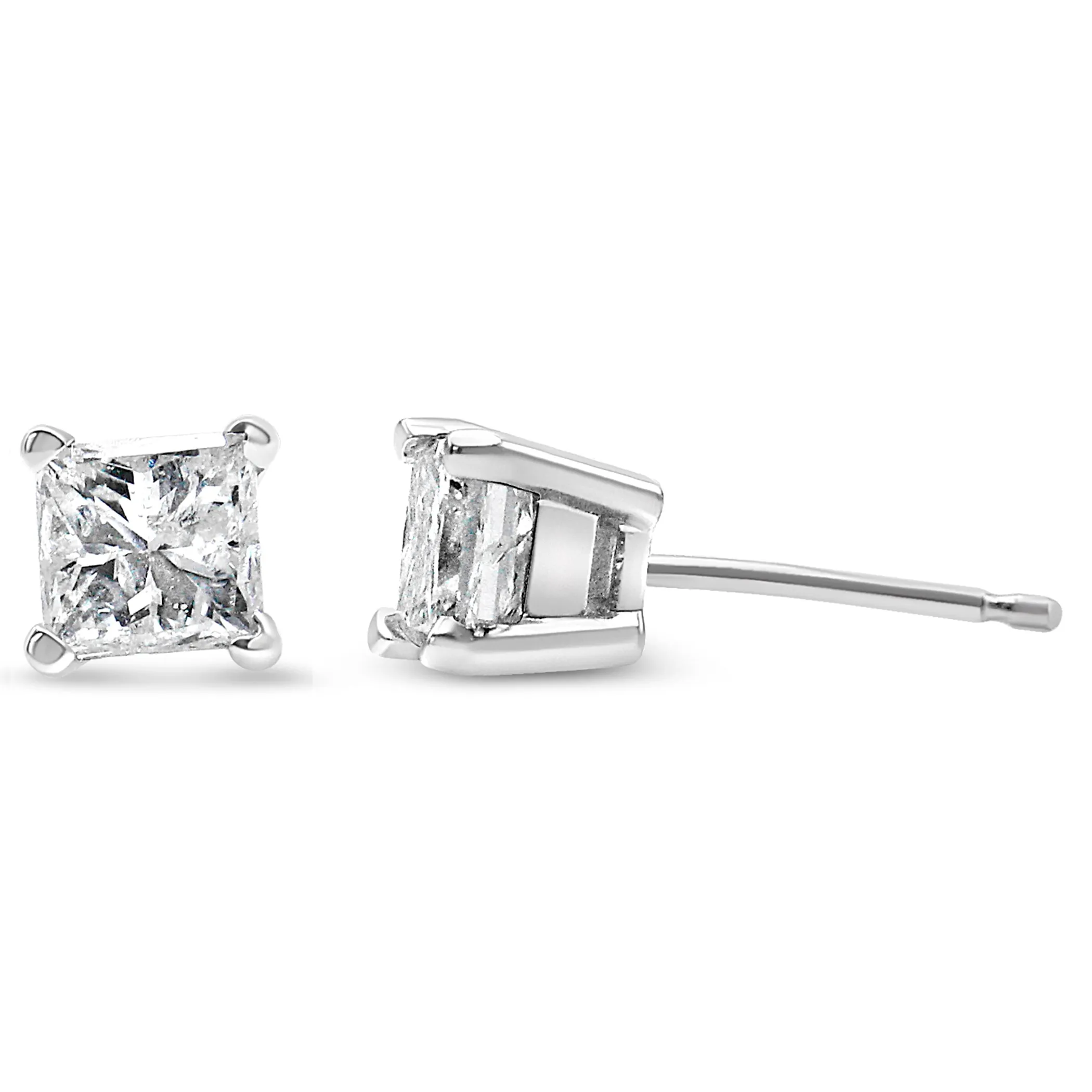 AGS Certified 14K Gold 4-Prong Set Princess-Cut Solitaire Diamond Push Back Stud Earrings (H-I Color, I1-I2 Clarity)