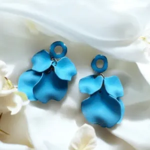 Blue - Sky blue flower earrings |dangly earrings | frosted petals hoop statement earrings | golden disc geometric floral bridal earrings