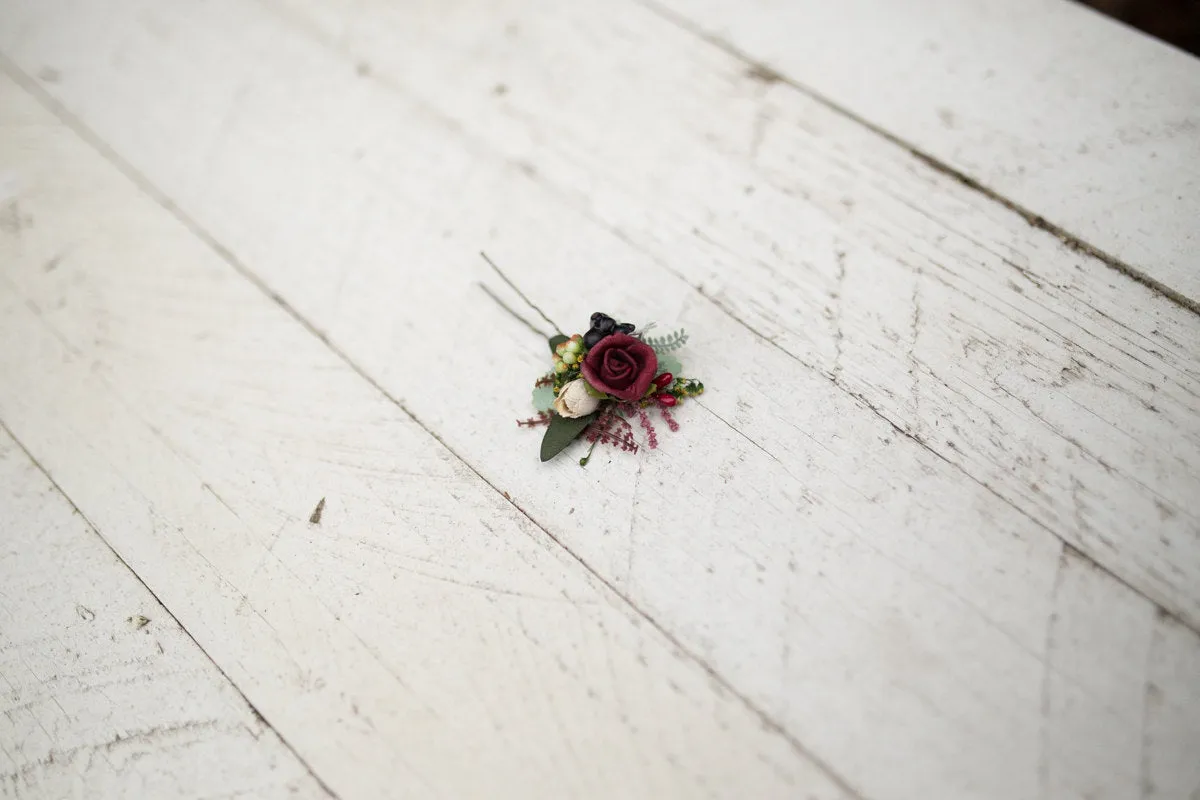 Burgundy flower hairpins and comb