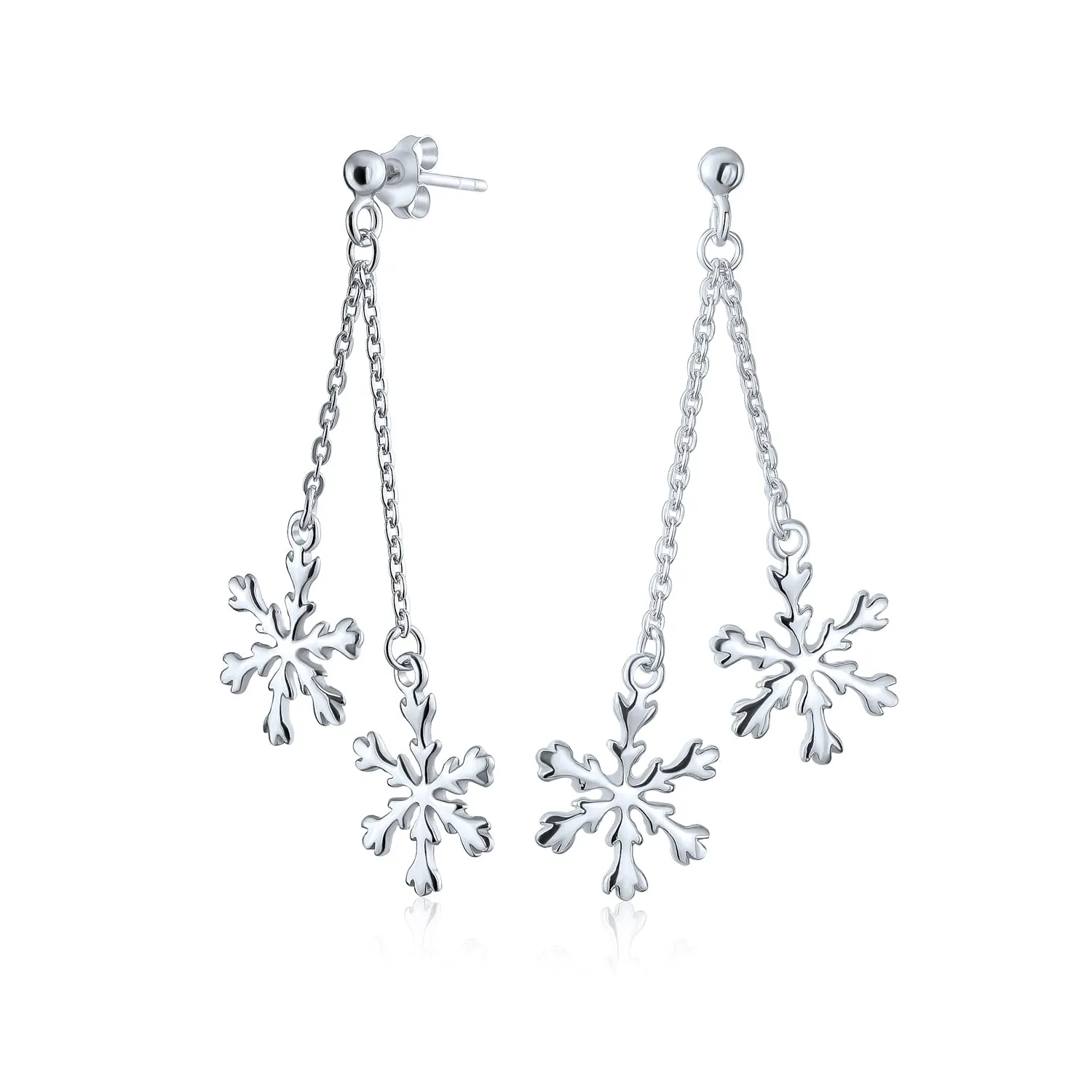 Christmas Snowflake Drop Dangle Earrings in Polished  Sterling Silver