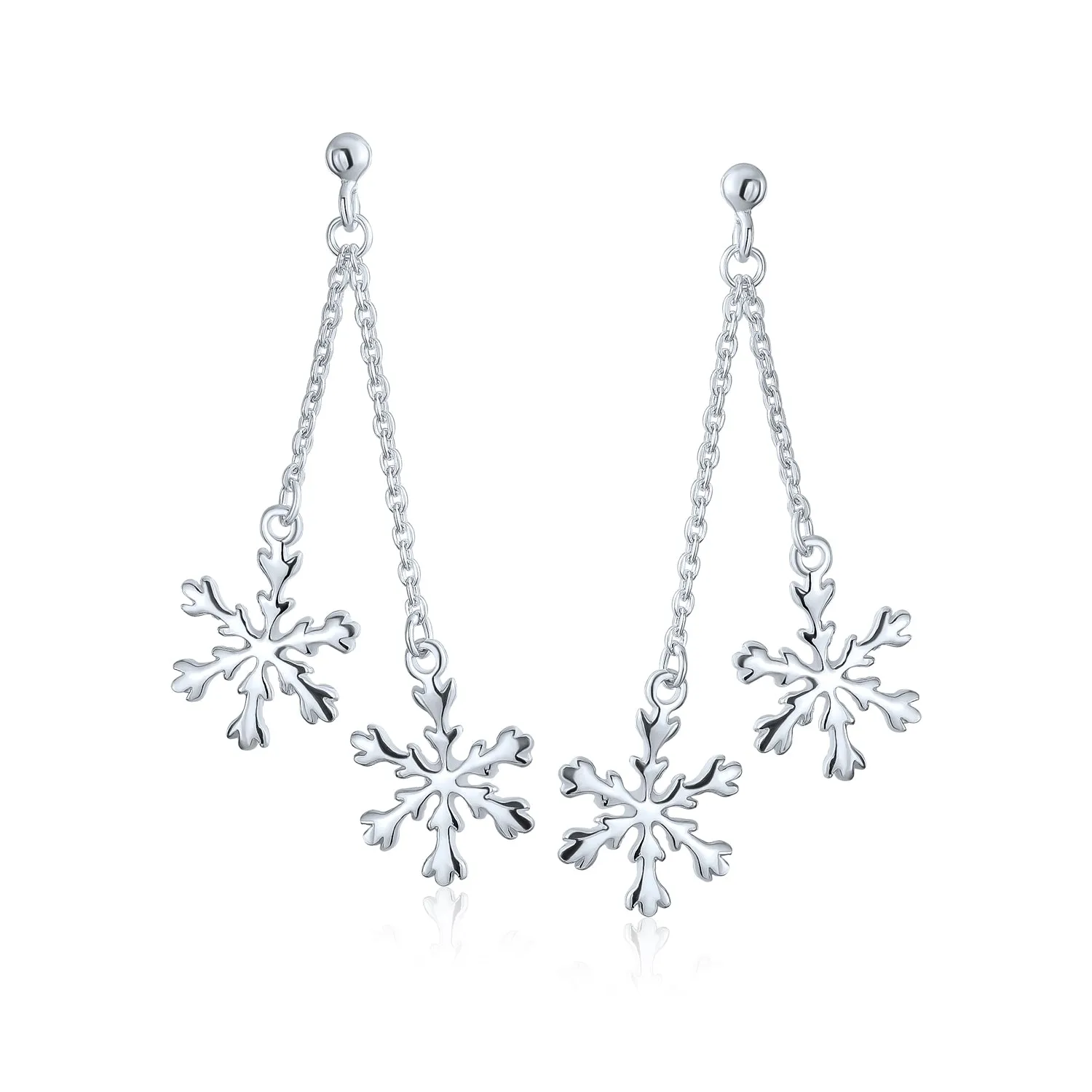 Christmas Snowflake Drop Dangle Earrings in Polished  Sterling Silver