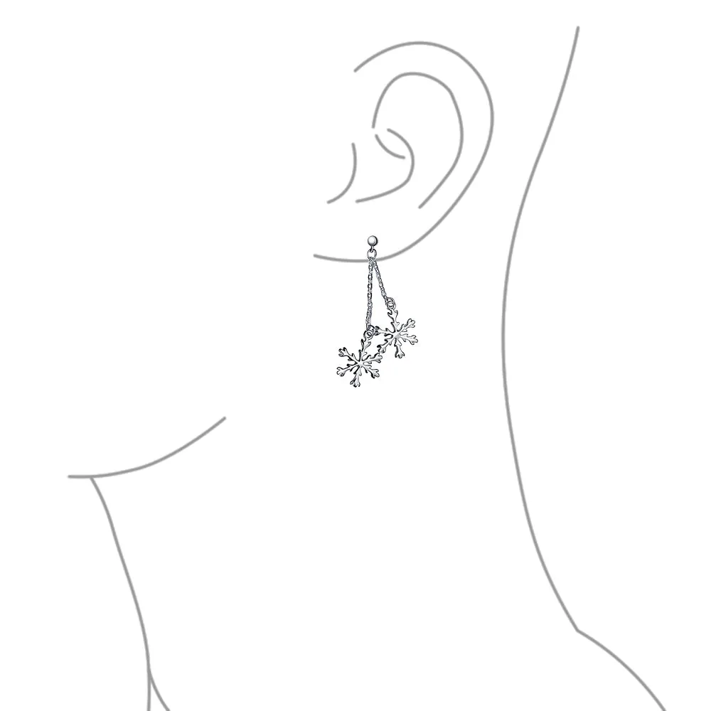 Christmas Snowflake Drop Dangle Earrings in Polished  Sterling Silver