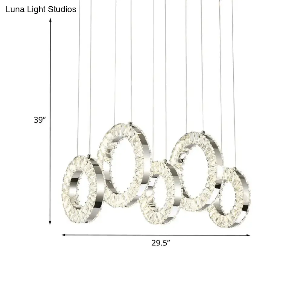 Contemporary Crystal-Encrusted Nickel Pendant Lamp - 5 Lights - Over Table