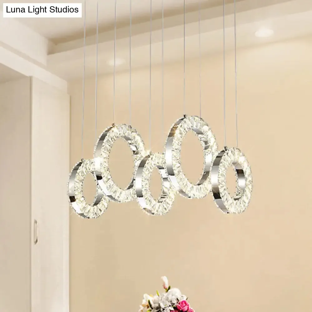 Contemporary Crystal-Encrusted Nickel Pendant Lamp - 5 Lights - Over Table