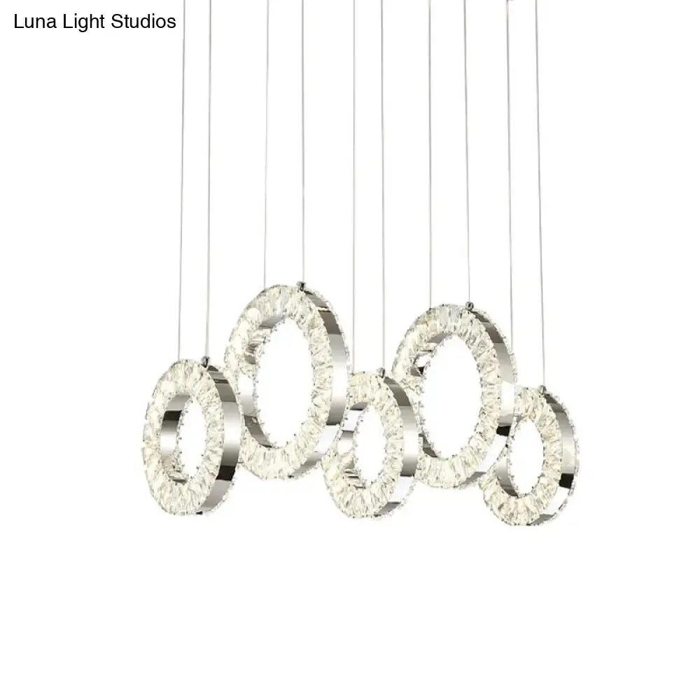 Contemporary Crystal-Encrusted Nickel Pendant Lamp - 5 Lights - Over Table