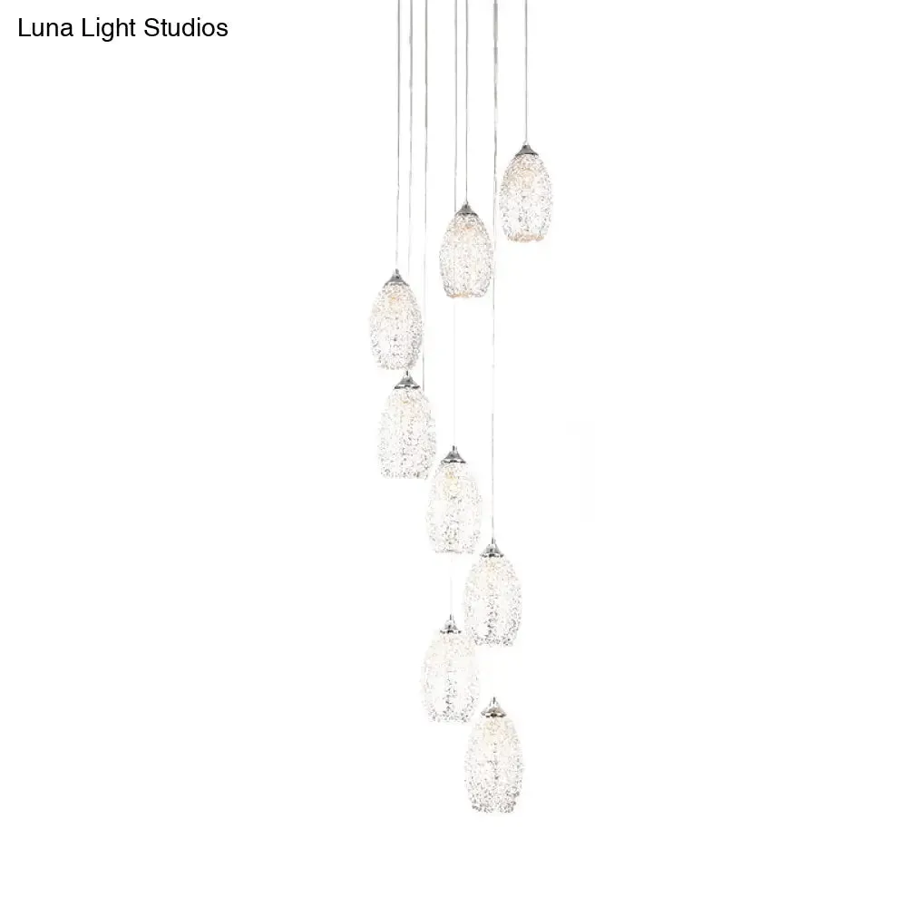 Contemporary Metallic Hanging Lamp: 8-Bulb Silver Egg Shape Stair Pendant