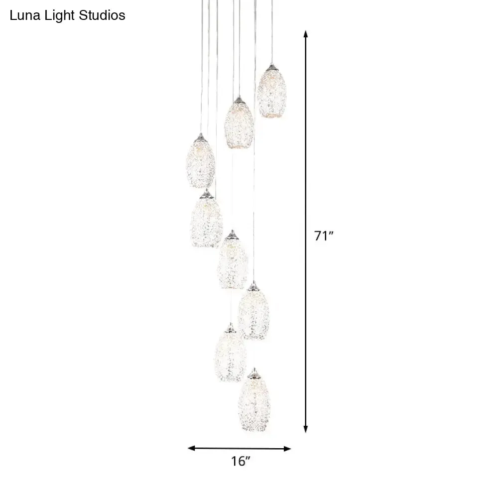 Contemporary Metallic Hanging Lamp: 8-Bulb Silver Egg Shape Stair Pendant