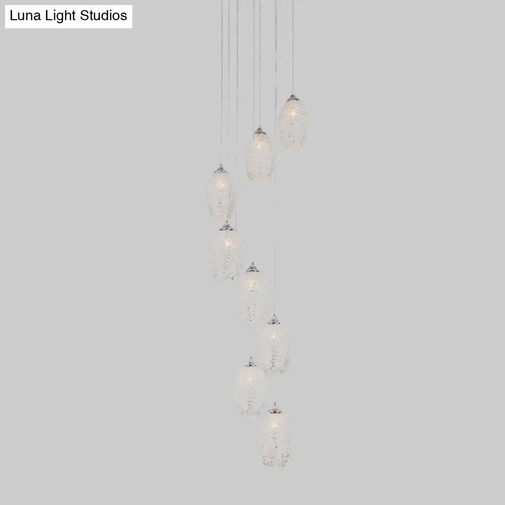 Contemporary Metallic Hanging Lamp: 8-Bulb Silver Egg Shape Stair Pendant