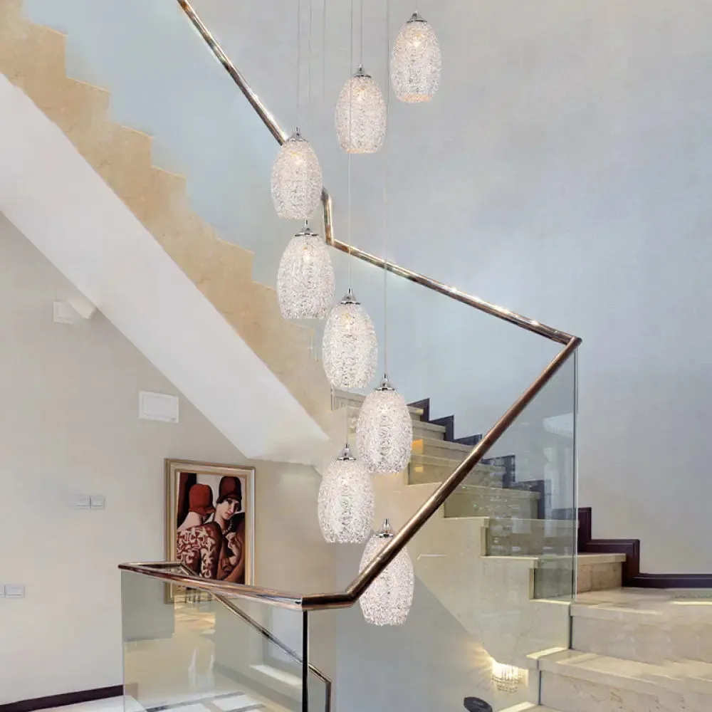 Contemporary Metallic Hanging Lamp: 8-Bulb Silver Egg Shape Stair Pendant