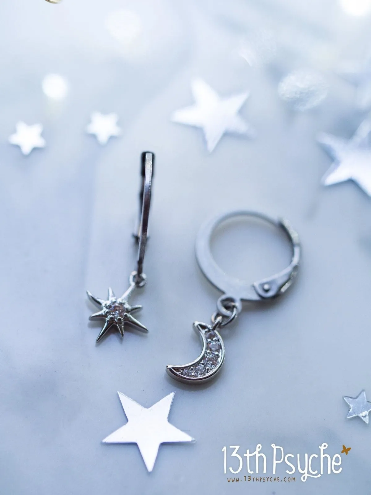 Cubic Zirconia moon and star silver huggie hoop earrings