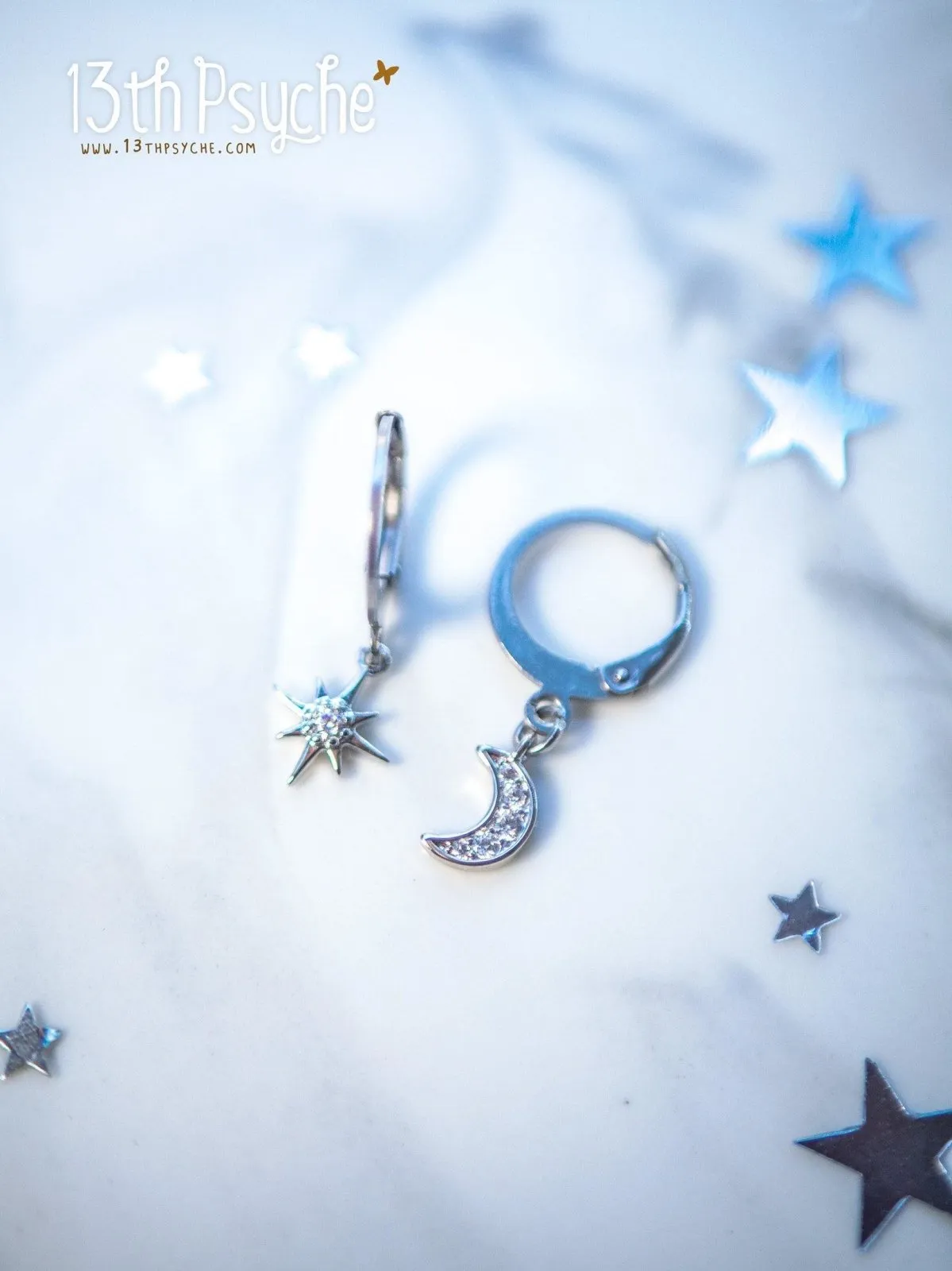 Cubic Zirconia moon and star silver huggie hoop earrings