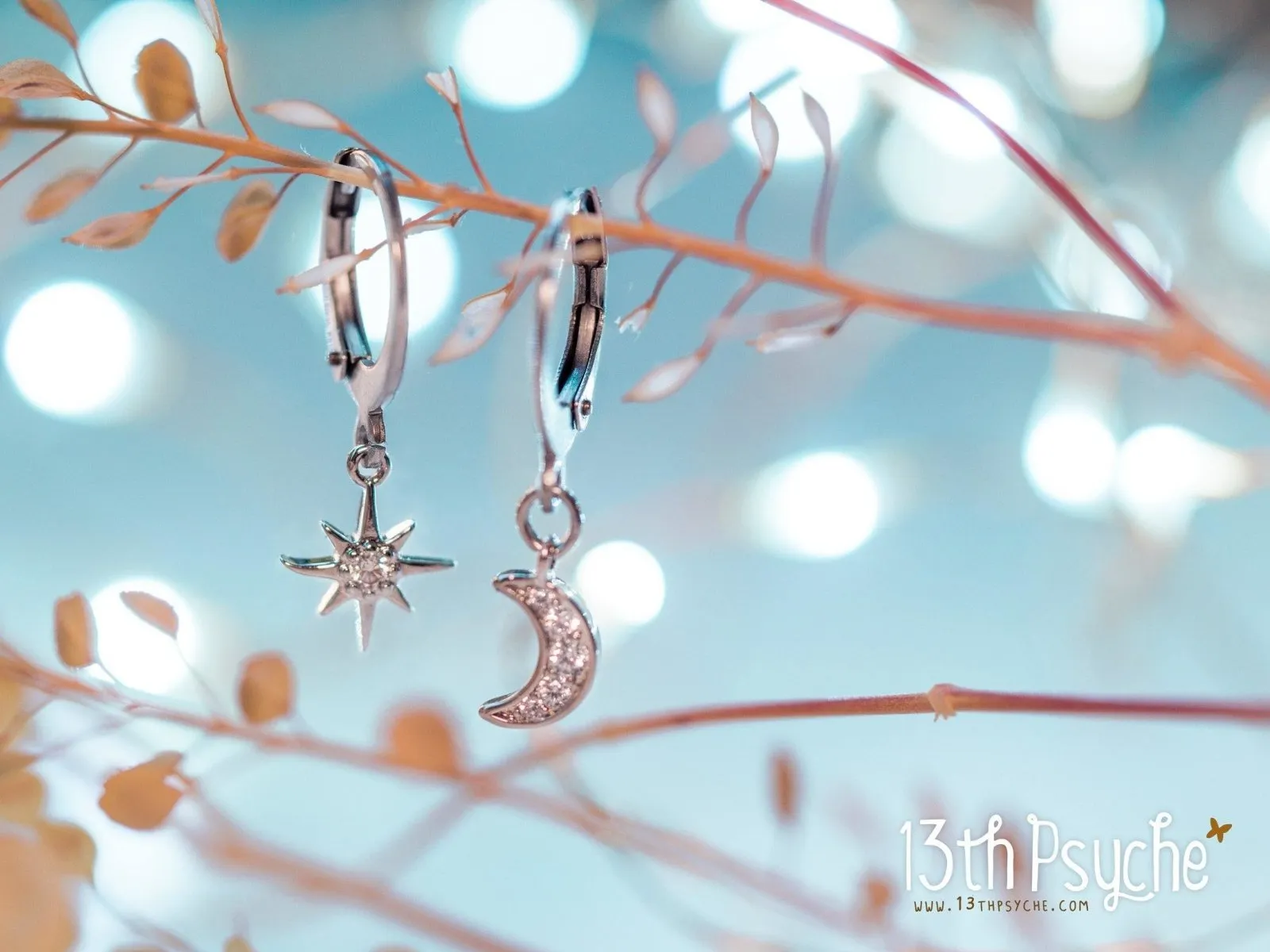 Cubic Zirconia moon and star silver huggie hoop earrings