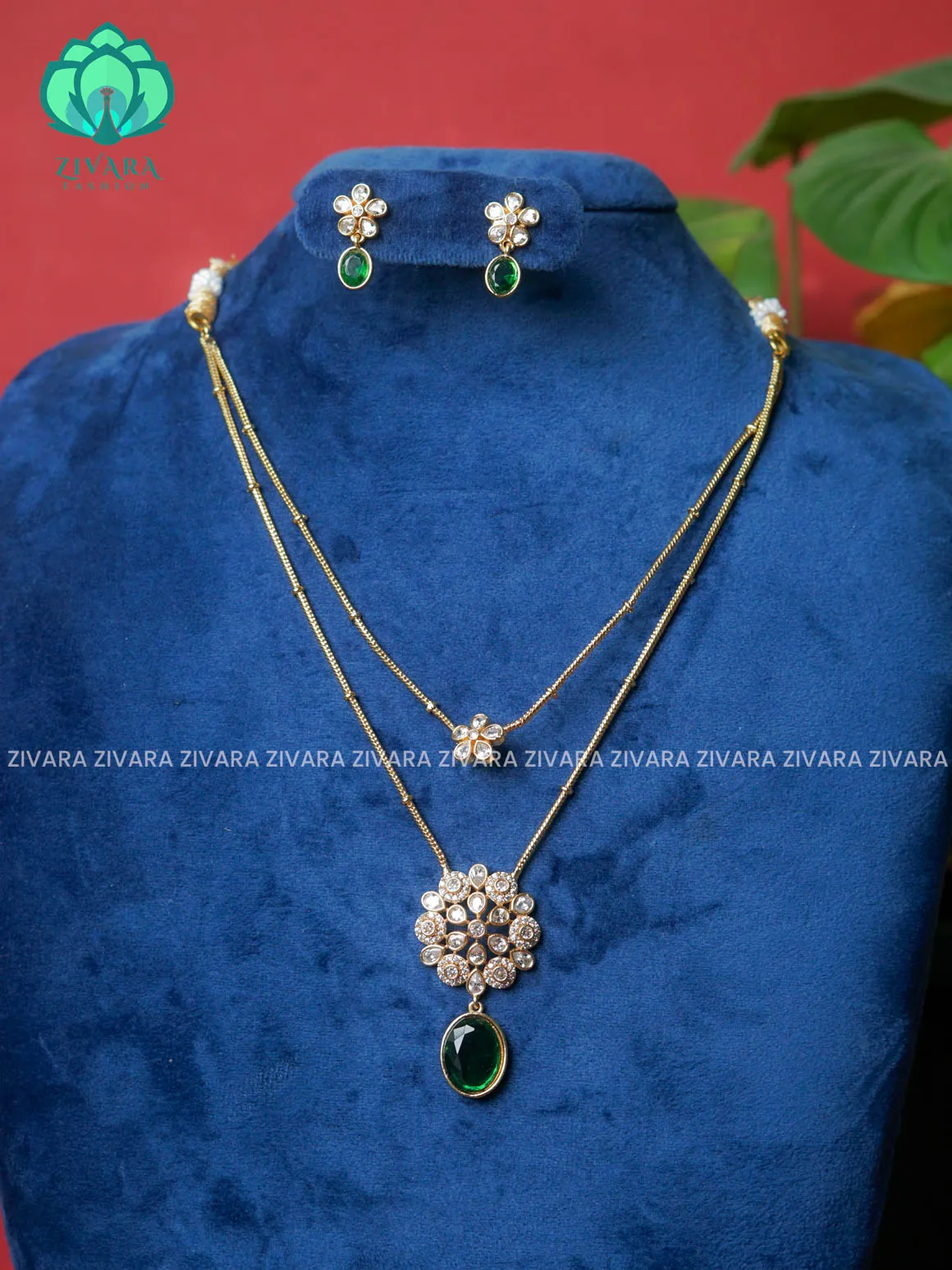 Dark green  -Layered colour stone and flower pendant  - stylish and minimal elegant neckwear with earrings- Zivara Fashion