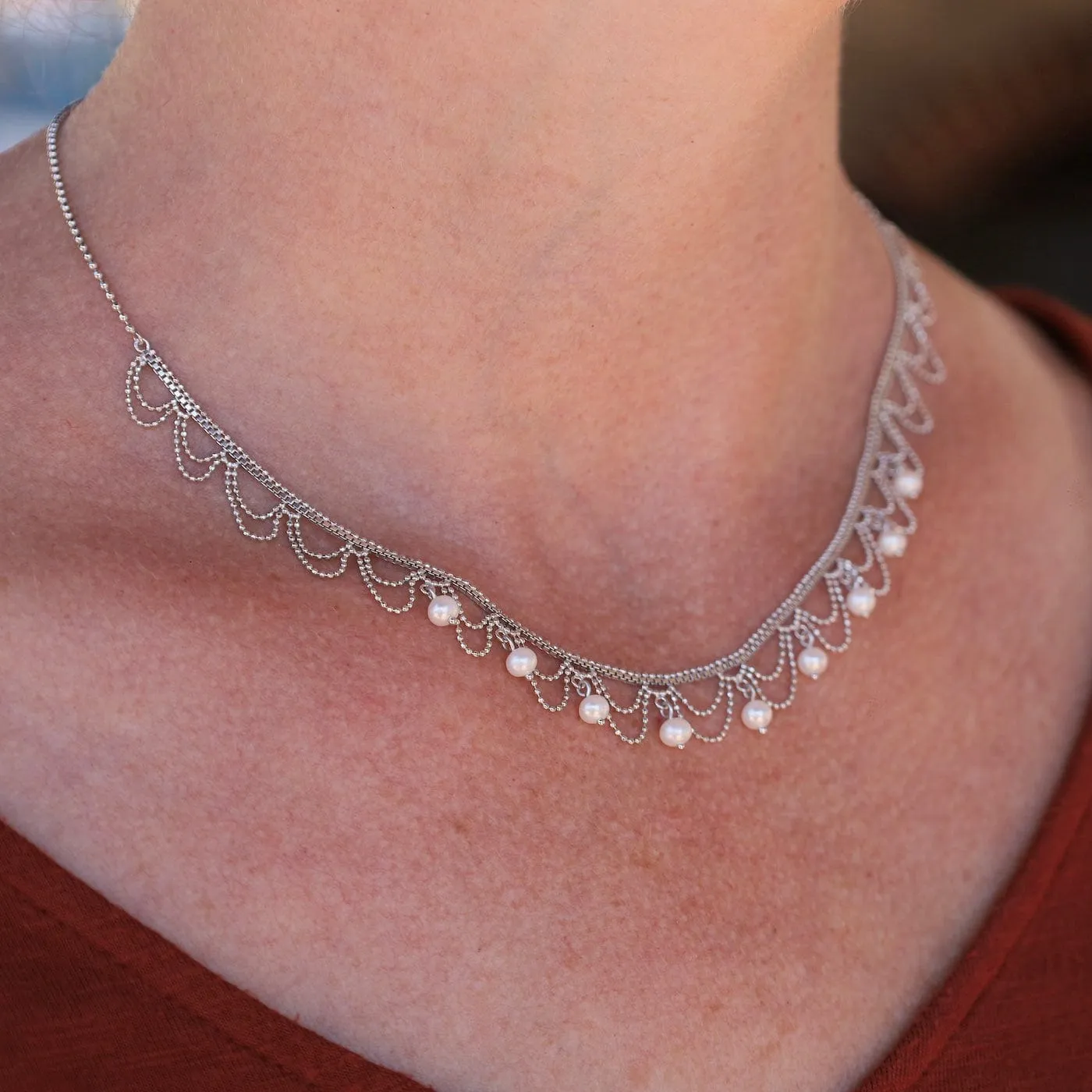 Delicate Draped Lace with Nine Dancing Pearls Necklace