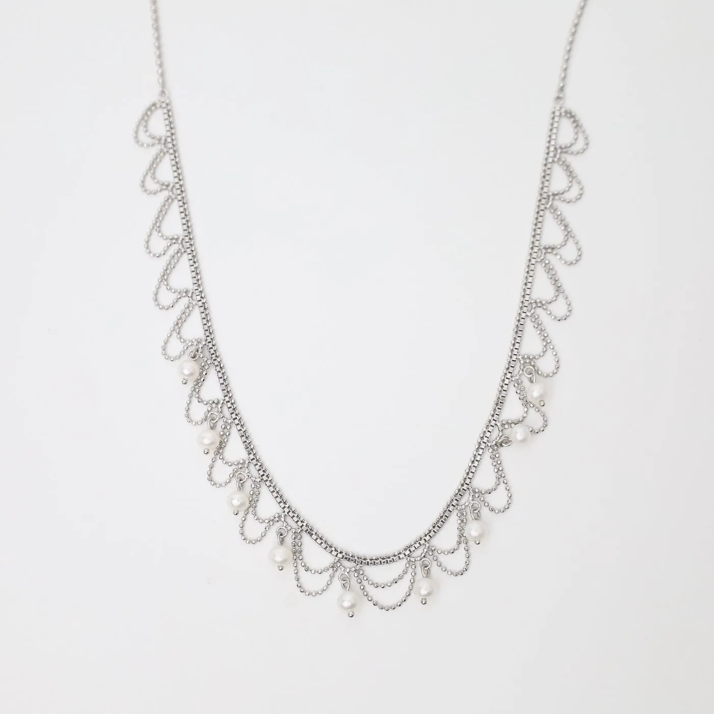 Delicate Draped Lace with Nine Dancing Pearls Necklace