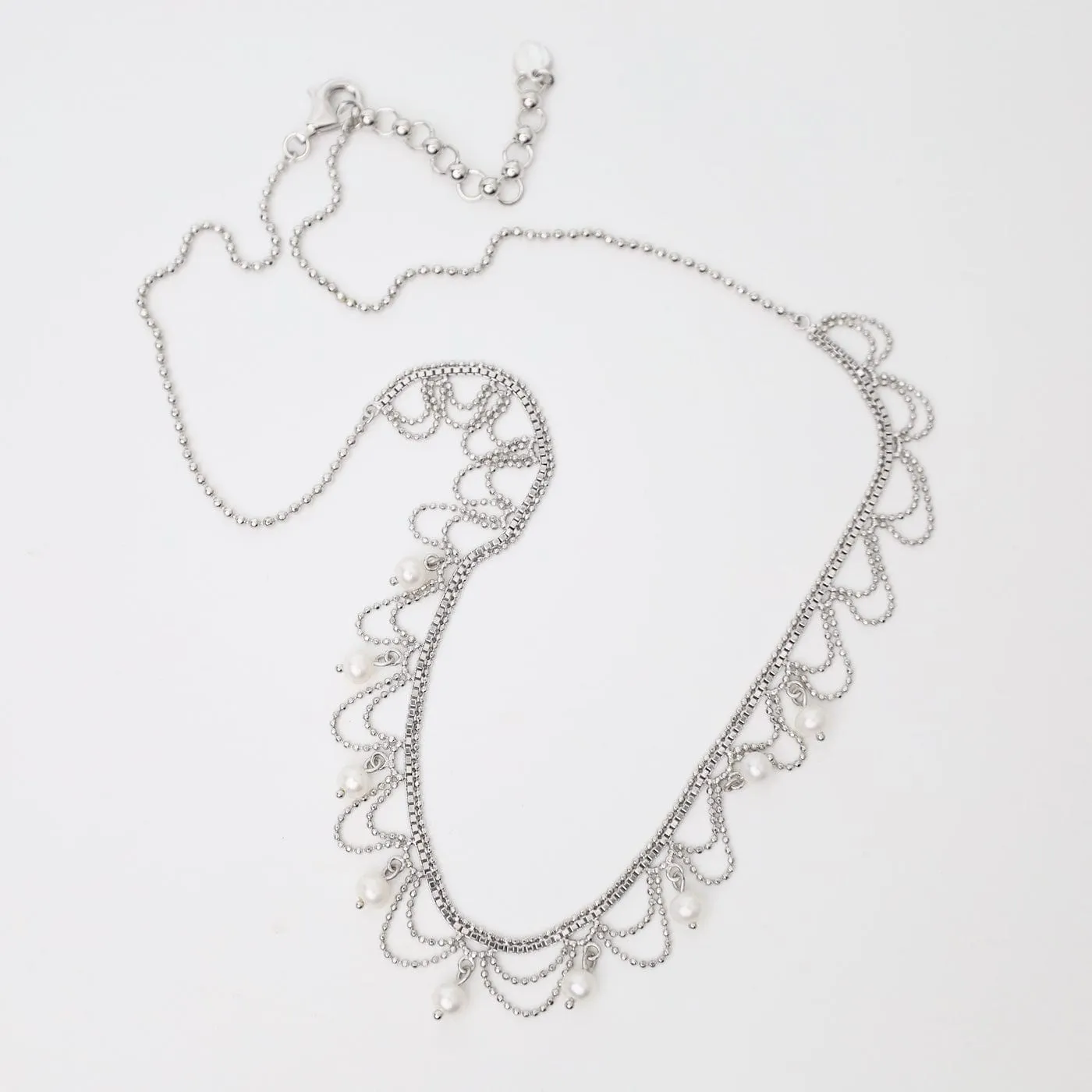 Delicate Draped Lace with Nine Dancing Pearls Necklace