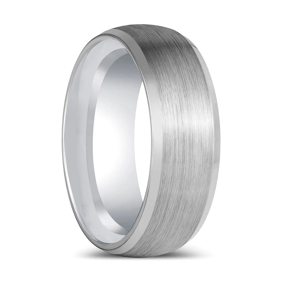 DOMESCAPE | Silver Tungsten Ring, Brushed, Domed, Beveled