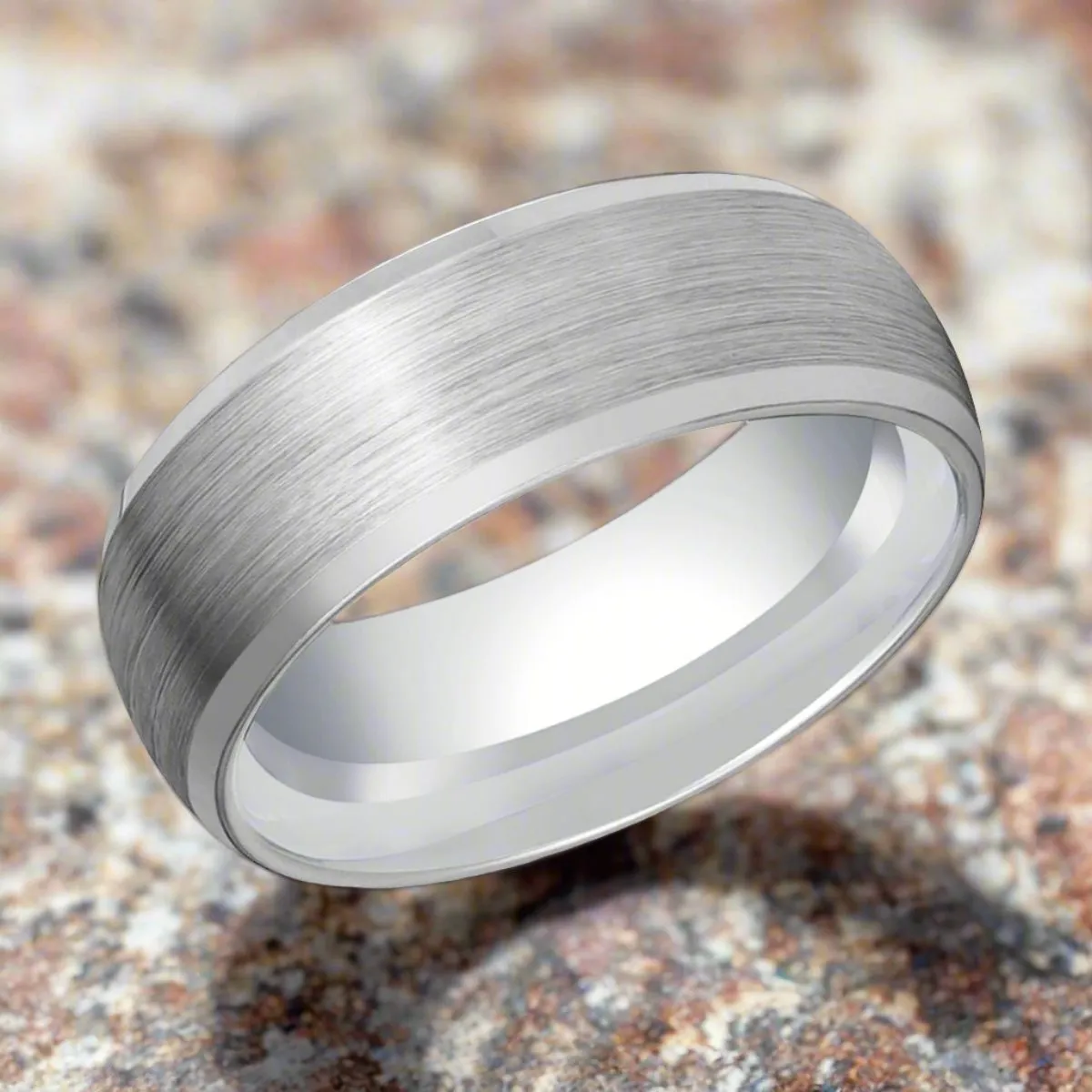 DOMESCAPE | Silver Tungsten Ring, Brushed, Domed, Beveled