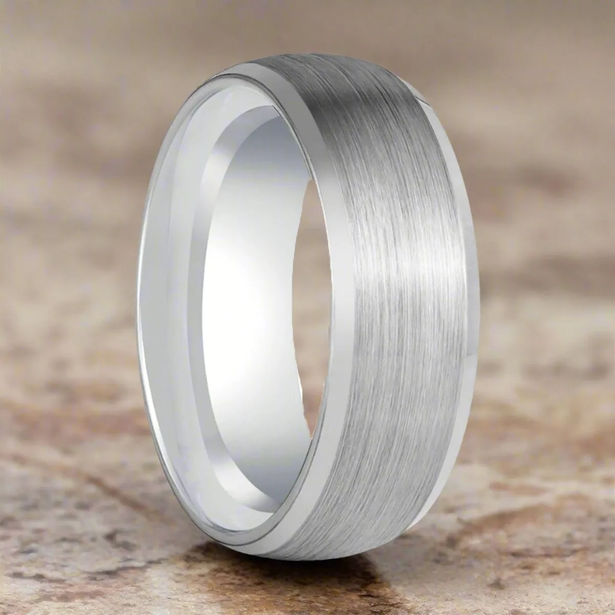 DOMESCAPE | Silver Tungsten Ring, Brushed, Domed, Beveled