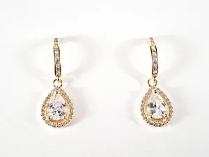 Elegant Pear Shape CZ Gold Tone Dangle Silver Earrings